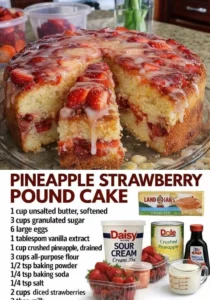 Delicious homemade Strawberry Pineapple Pound Cake with fresh fruit