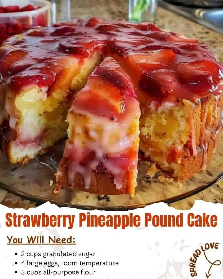 Delicious Strawberry Pineapple Pound Cake on a rustic table