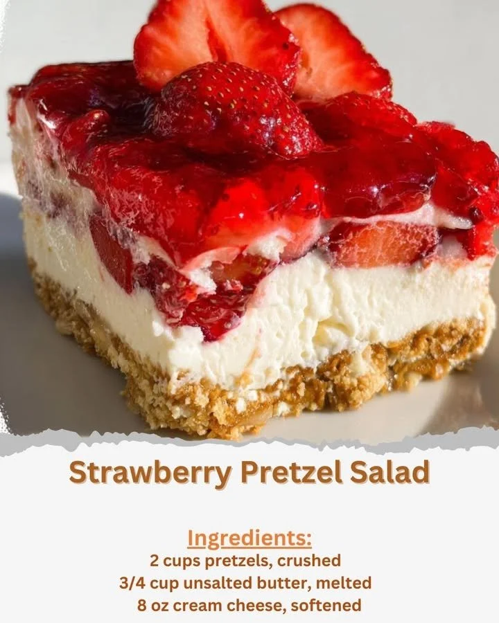 Strawberry Pretzel Salad with strawberries, cream cheese, and pretzel crust