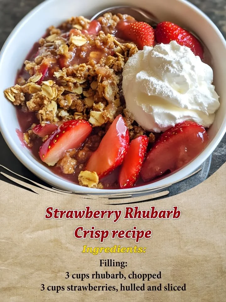 Delicious strawberry rhubarb crisp topped with a golden crumble