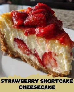 Delicious Strawberry Shortcake Cheesecake topped with fresh strawberries and whipped cream