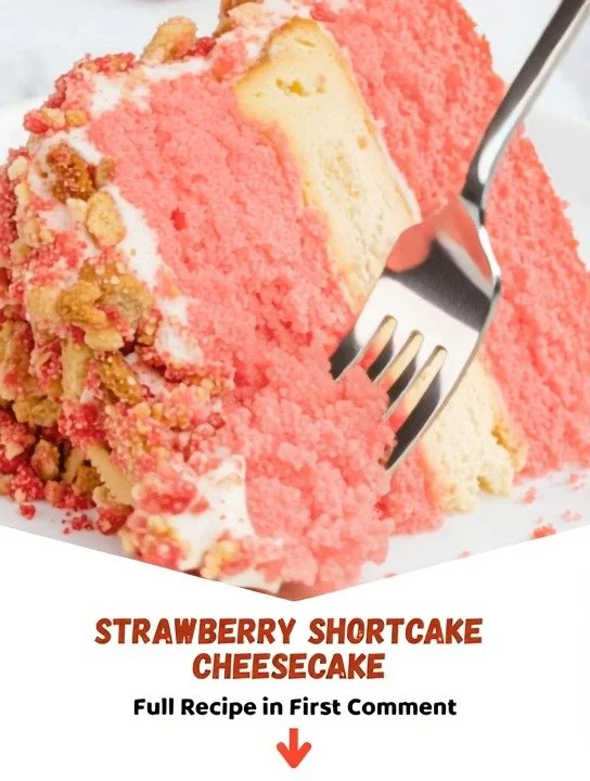 Delicious strawberry shortcake cheesecake with fresh strawberries and whipped cream