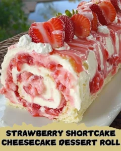 Strawberry Shortcake Cheesecake Dessert Roll with fresh strawberries and cream