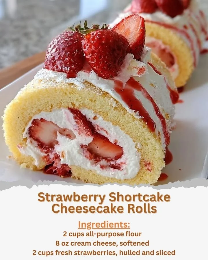 Strawberry shortcake cheesecake rolls with fresh strawberries and whipped cream.