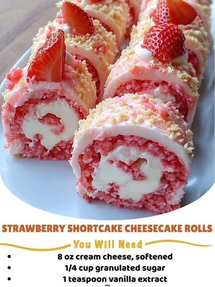 Strawberry Shortcake Cheesecake Rolls with fresh strawberries and whipped cream