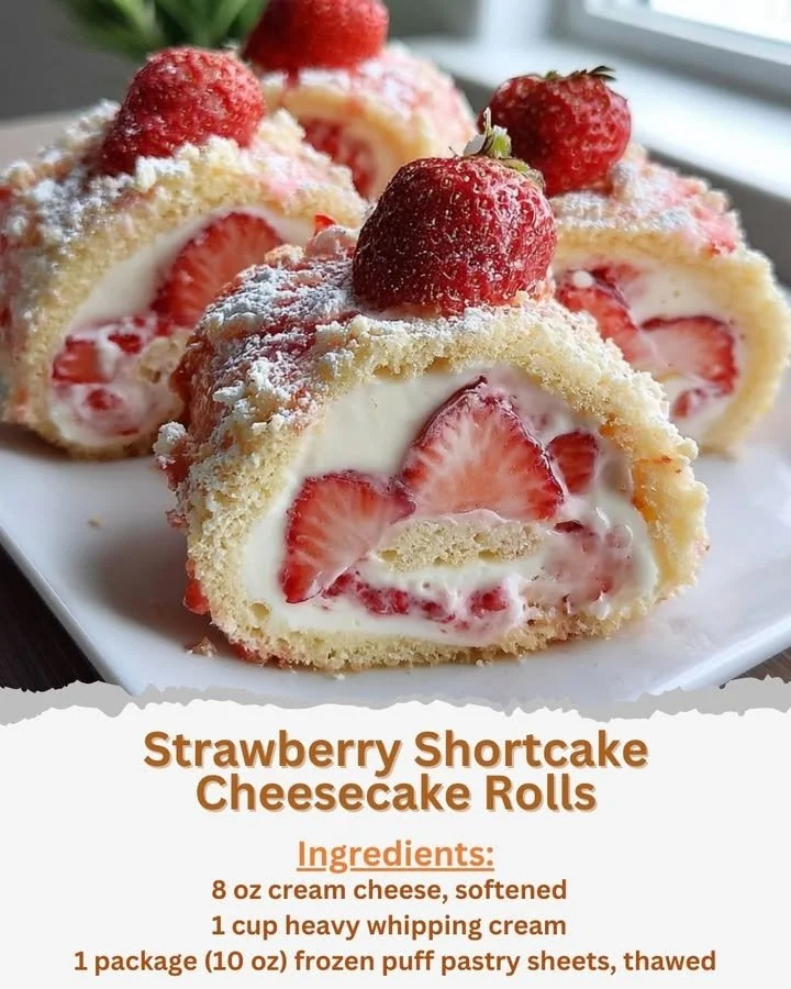Delicious Strawberry Shortcake Cheesecake Rolls served on a white plate