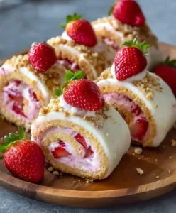 Strawberry shortcake cheesecake rolls topped with fresh strawberries and whipped cream