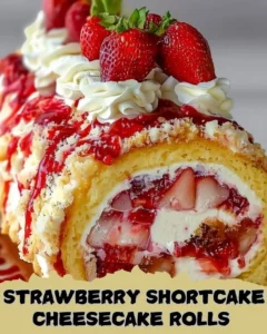 Strawberry shortcake cheesecake rolls garnished with fresh strawberries and whipped cream