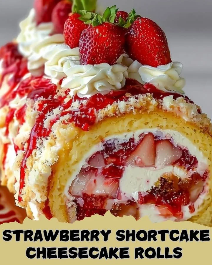 Strawberry shortcake cheesecake rolls garnished with fresh strawberries and whipped cream