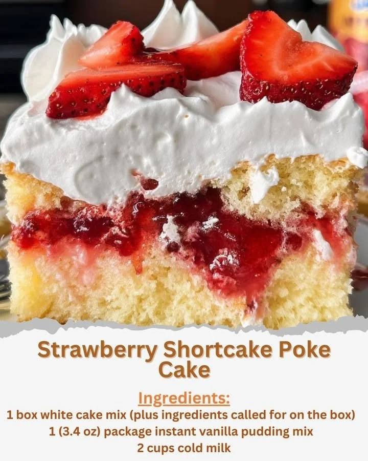 Strawberry Shortcake Poke Cake with fresh strawberries and whipped cream