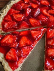 Delicious strawberry slab pie served on a rustic wooden table