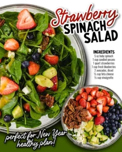 Fresh Strawberry Spinach Salad with sliced strawberries and spinach leaves