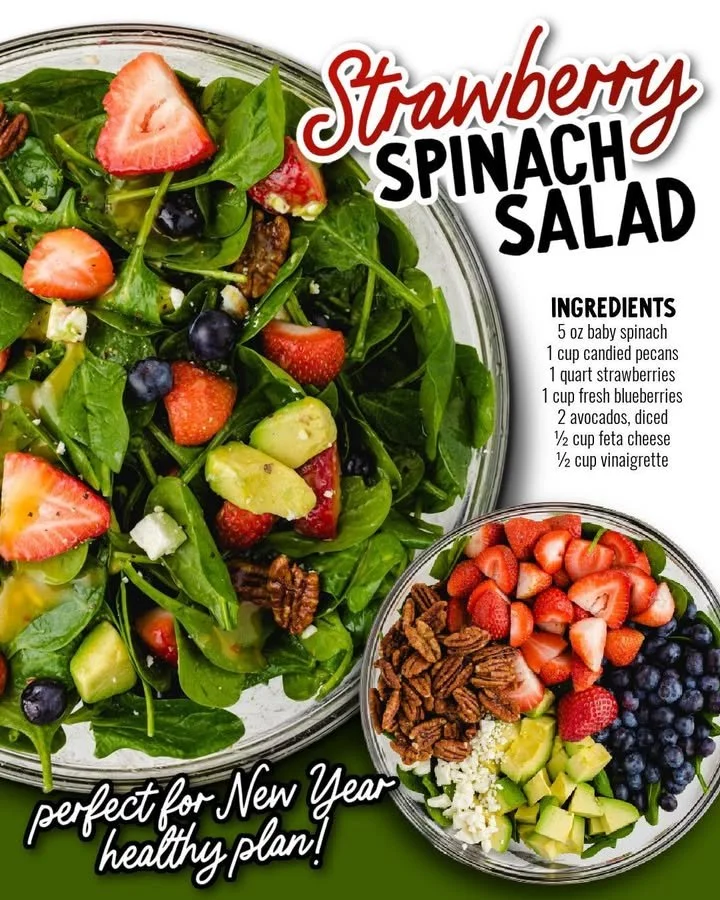 Fresh Strawberry Spinach Salad with sliced strawberries and spinach leaves