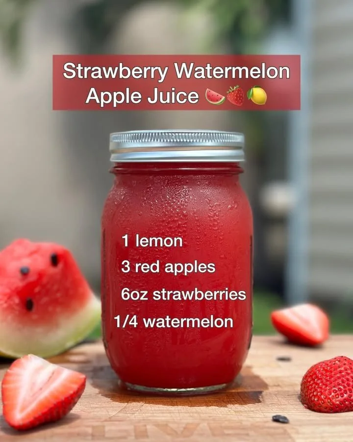 A refreshing glass of Strawberry Watermelon Apple Juice served with fresh fruit slices.