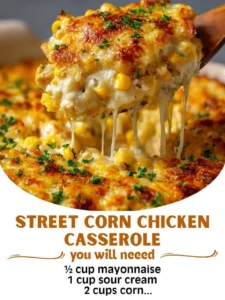 Delicious street corn chicken casserole with vibrant toppings and flavors.