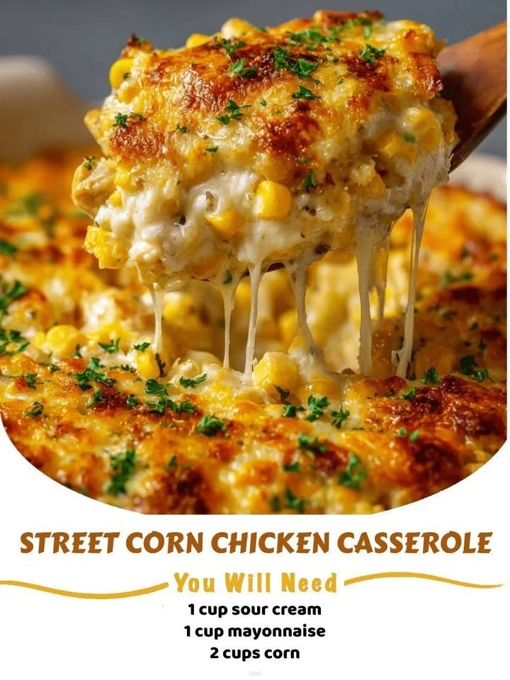Delicious Street Corn Chicken Casserole served in a dish with toppings