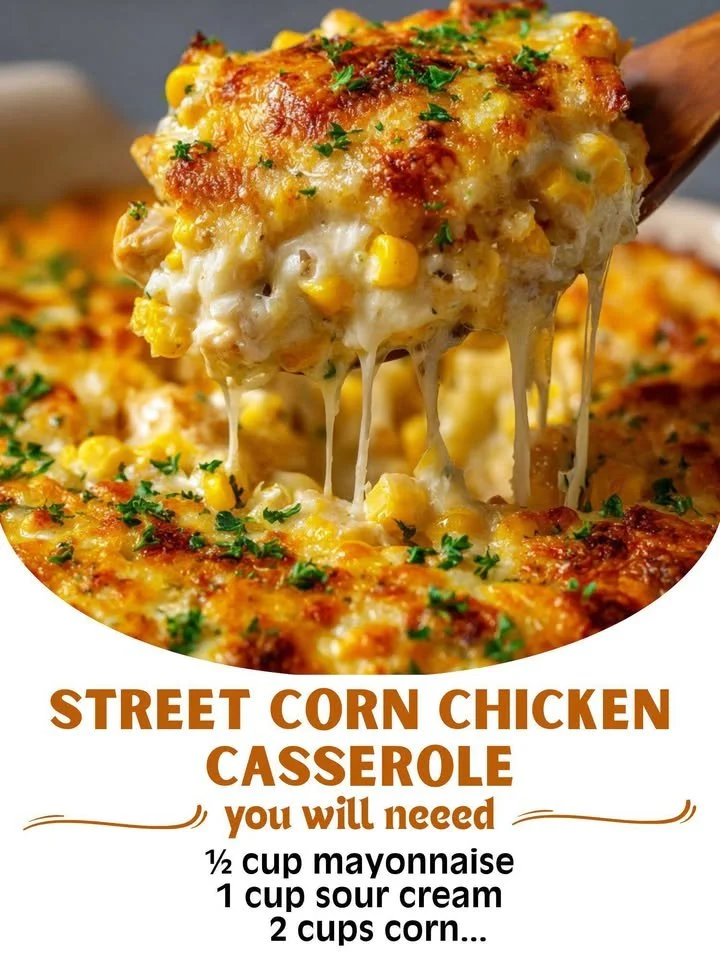 Delicious Street Corn Chicken Casserole with cheese and corn topping
