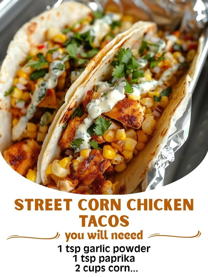 Street corn chicken tacos topped with fresh ingredients and spices.