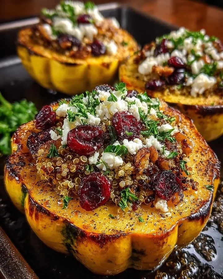 Stuffed Acorn Squash with Quinoa, Cranberries & Feta