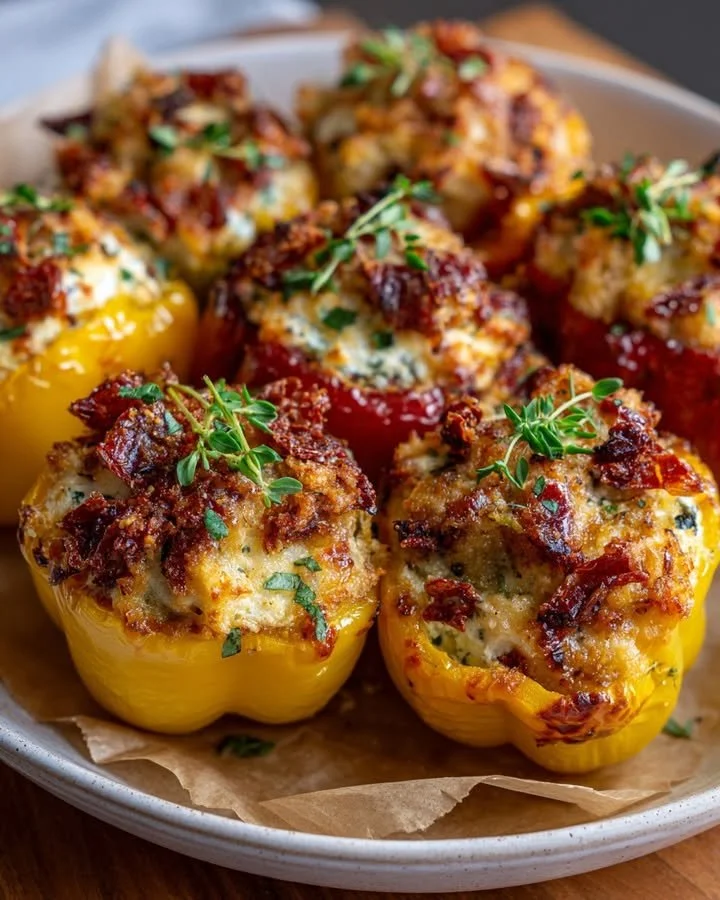 Stuffed baby bell peppers with whipped feta and sun-dried tomatoes on a plate
