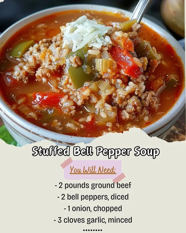 A bowl of delicious stuffed bell pepper soup with fresh herbs and colorful peppers.
