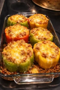 Colorful stuffed bell peppers filled with a savory mixture of rice and vegetables.