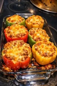 Colorful stuffed bell peppers filled with a savory mixture of rice and vegetables