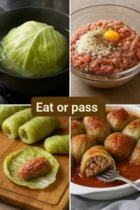 Delicious stuffed cabbage rolls filled with rice and meat, garnished with tomato sauce.