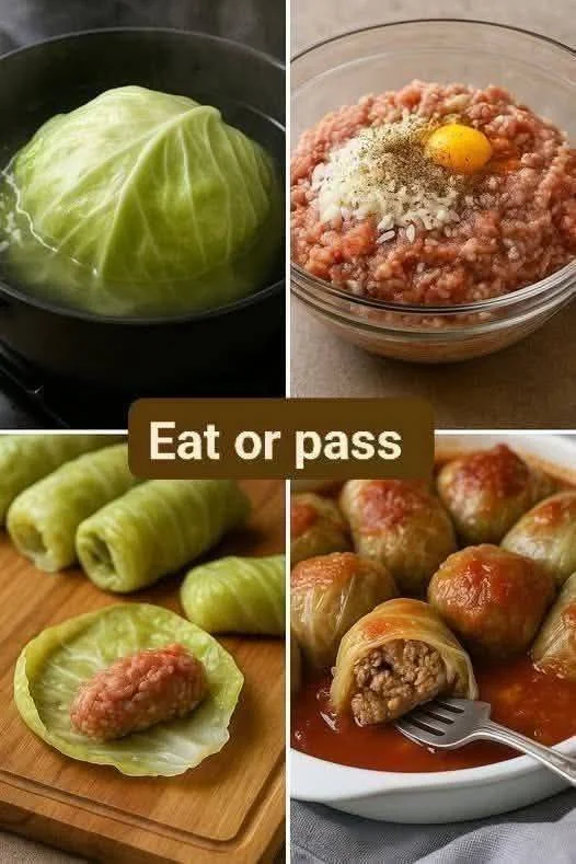 Delicious stuffed cabbage rolls filled with rice and meat, garnished with tomato sauce.