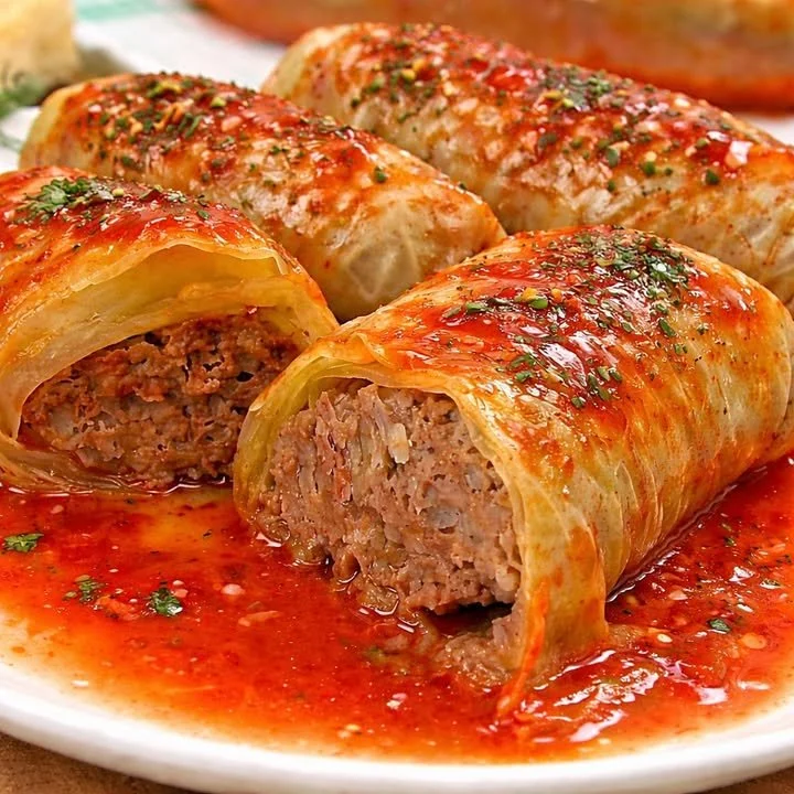 Delicious stuffed cabbage rolls filled with meat and rice.