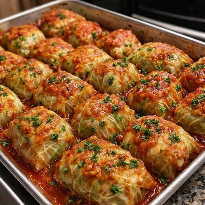 Delicious stuffed cabbage rolls garnished with herbs and spices