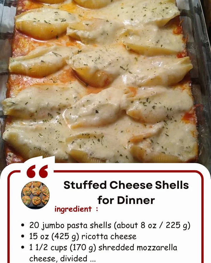 Delicious plate of stuffed cheese shells topped with marinara sauce.