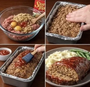 Delicious stuffed meatloaf with rich filling and garnished vegetables