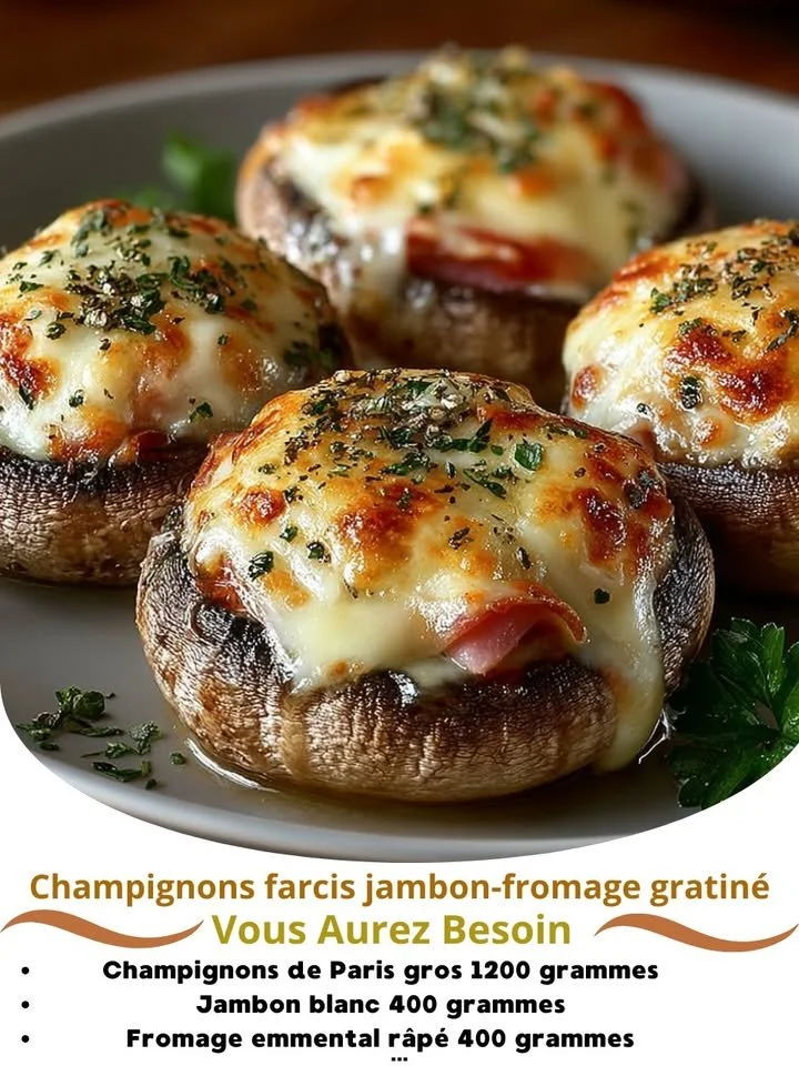 Stuffed mushrooms with ham and cheese gratin garnished with herbs