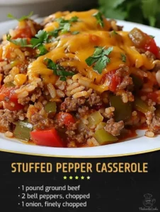 Delicious stuffed pepper casserole layered with peppers, rice, and cheese