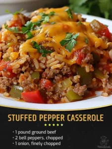 Hearty stuffed pepper casserole dish with vibrant peppers and rice