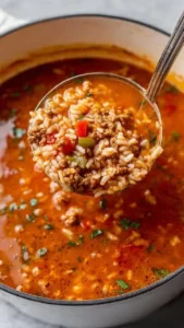 A warm bowl of stuffed pepper soup with colorful bell peppers and rice.