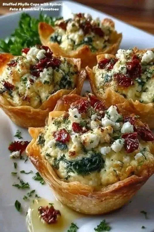 Stuffed phyllo cups with spinach, feta, and sundried tomatoes on a platter