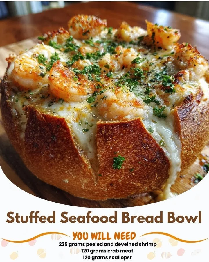 Stuffed seafood bread bowl filled with fresh seafood and herbs, perfect for a hearty meal.