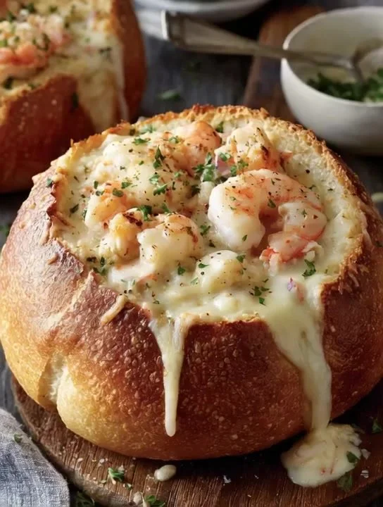 Stuffed seafood bread bowl filled with shrimp and crab in a toasted bread shell