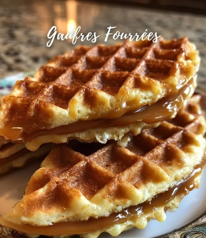 Delicious stuffed waffles filled with chocolate and fruit on a plate