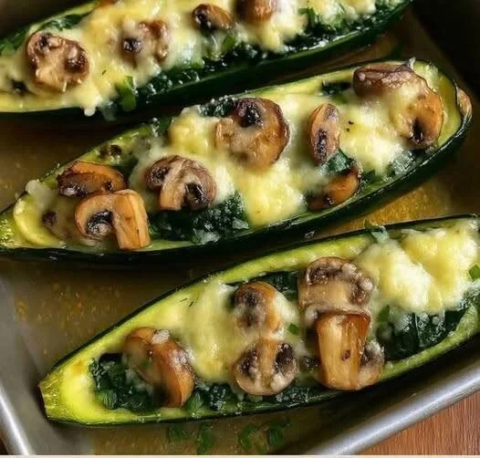 Stuffed zucchini boats filled with vegetables and herbs, fresh and appetizing dish.