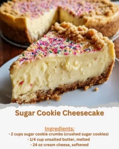 Delicious sugar cookie cheesecake topped with whipped cream and sprinkles