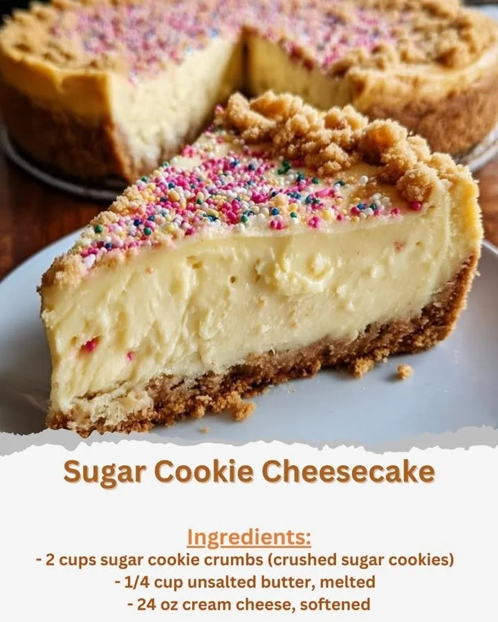 Delicious sugar cookie cheesecake topped with whipped cream and sprinkles