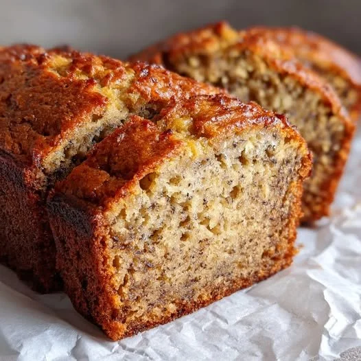 Sliced super moist banana bread on a wooden cutting board.