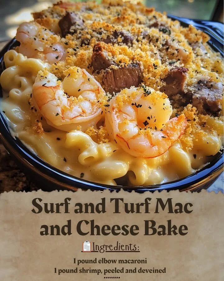 Surf and Turf Mac and Cheese Bake with steak, seafood, and creamy cheese