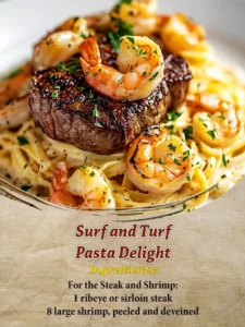 Delicious Surf and Turf Pasta with seafood and steak in a creamy sauce
