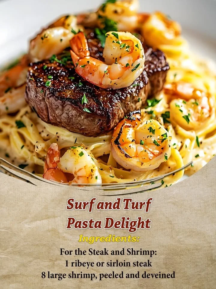 Delicious Surf and Turf Pasta with seafood and steak in a creamy sauce