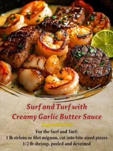 Delicious Surf and Turf with Creamy Garlic Butter Sauce on a plate