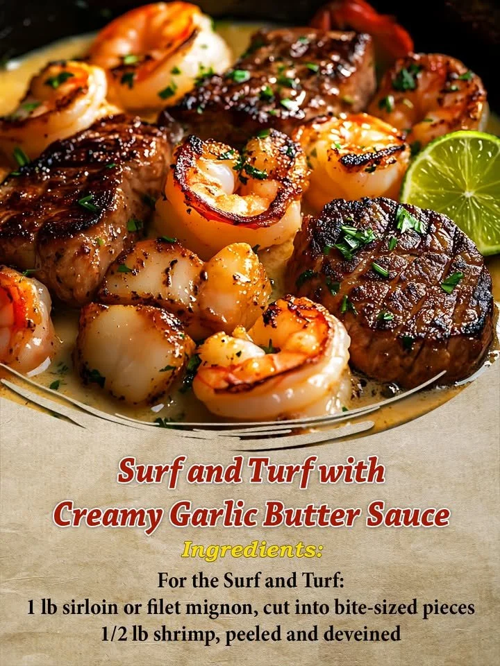 Delicious Surf and Turf with Creamy Garlic Butter Sauce on a plate